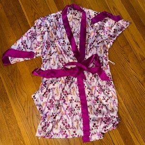 Victoria's Secret Vintage Floral Satin Kimono Robe XS/S Purple Short Y2K belted